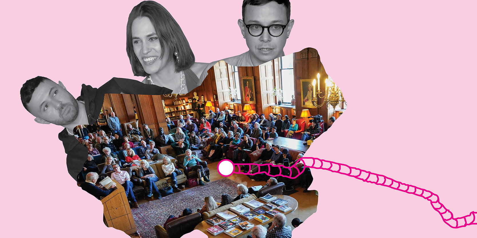 A collage of poets and an image of the interior of Morrison Library filled with a crowd