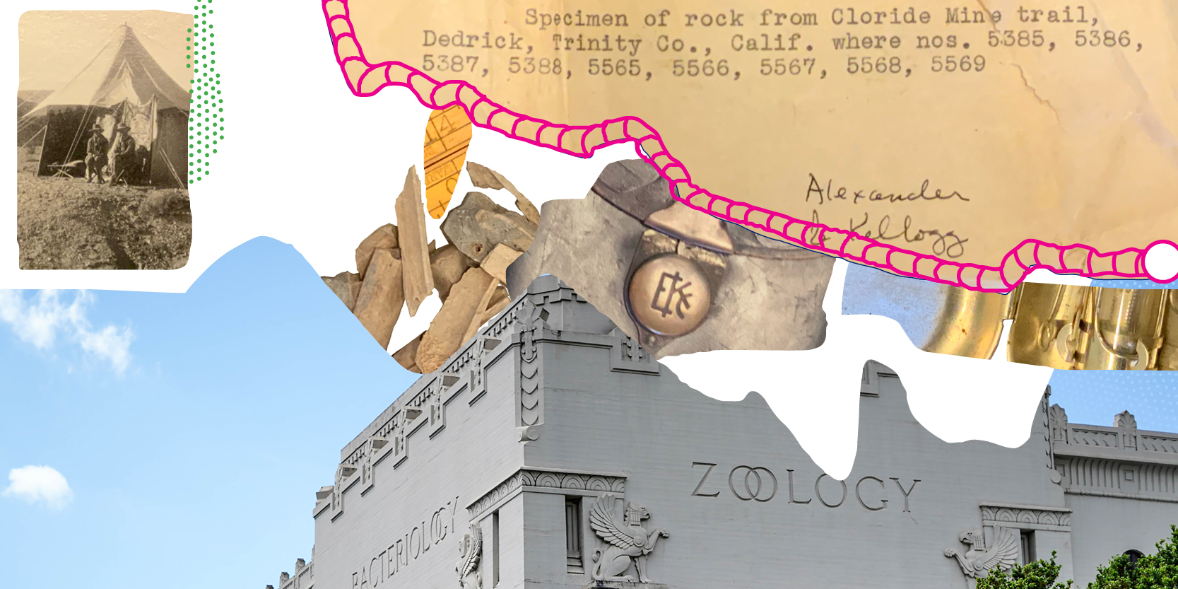 A collage of a telegram mentioning a rock specimen, a new image of the Valley Life Sciences building, and an old image of people posing in front of a tent