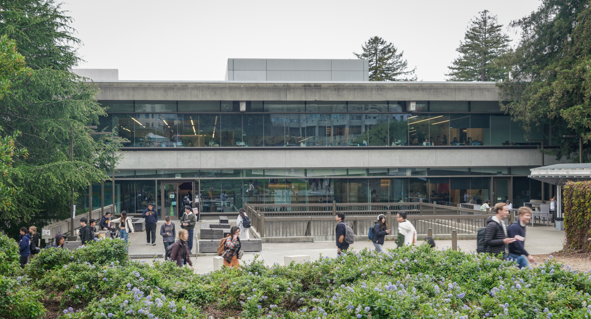 Exterior of Moffitt Library with students walking by